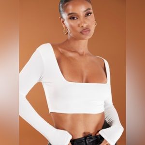 Black and White Square Neck Long Sleeve crop top
